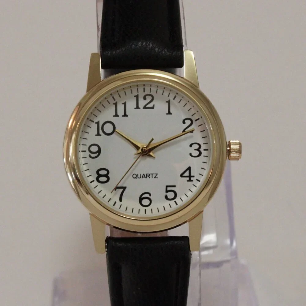 Ladies Easy Reader Dress Quartz Watch Gold-toned Black Strap White Dial 28mm